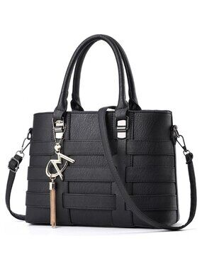 PU Leather Weave Black Shoulder Bag for Women Elegant Top Handle Designer Purse
